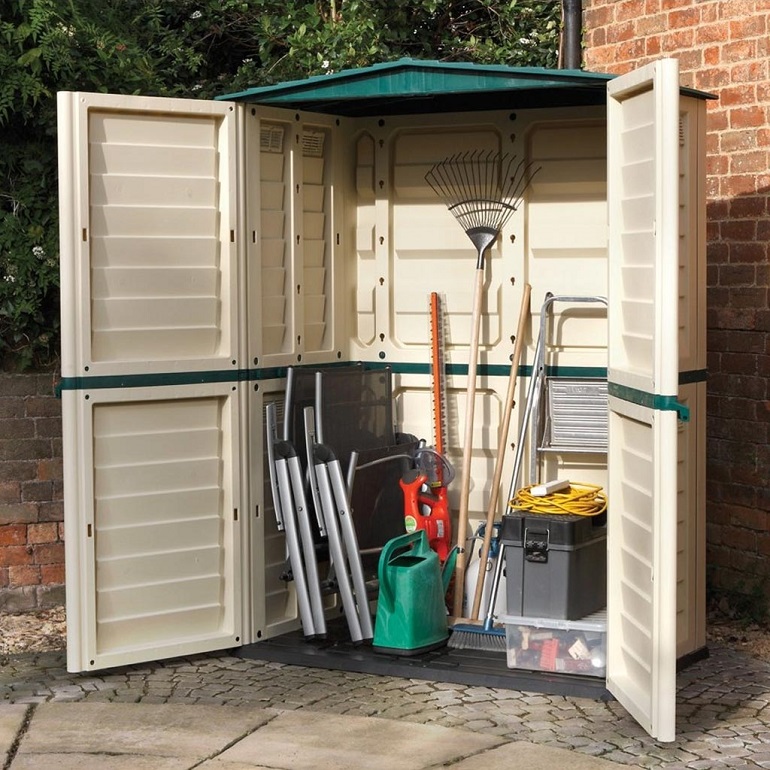 plastic shed kits for storing tools close up