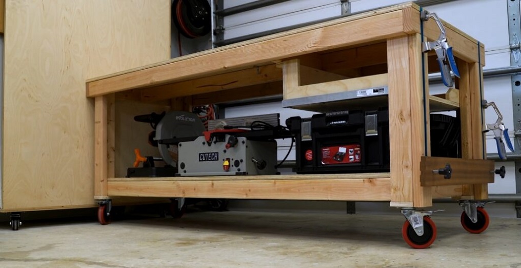 Wooden workbench with casters
