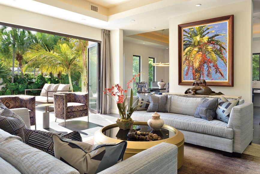 A modern living room with a tropical touch