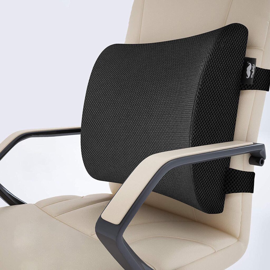 Speaking of a lumbar support pillow. Sitting upgrades like lumbar support cushions can help relieve strain from worn-out spines and reduce stress.