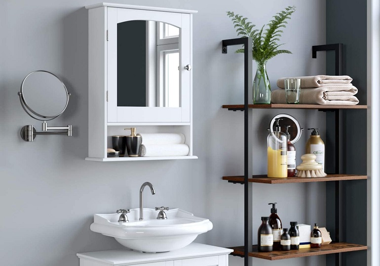 wall shelves and mirror shaving cabinet