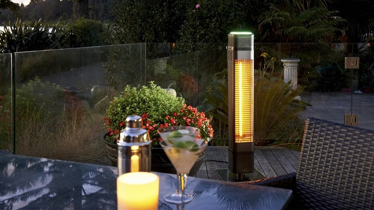 gas patio heater next to the table