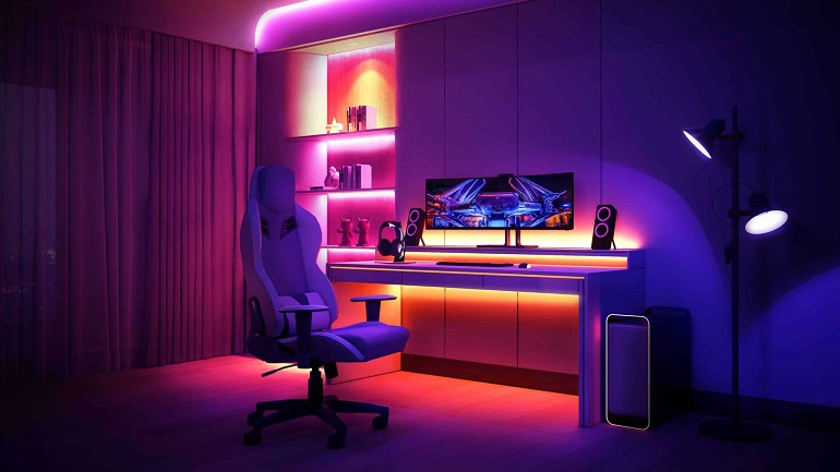 led strip lighting ambient in a room with a gamers set