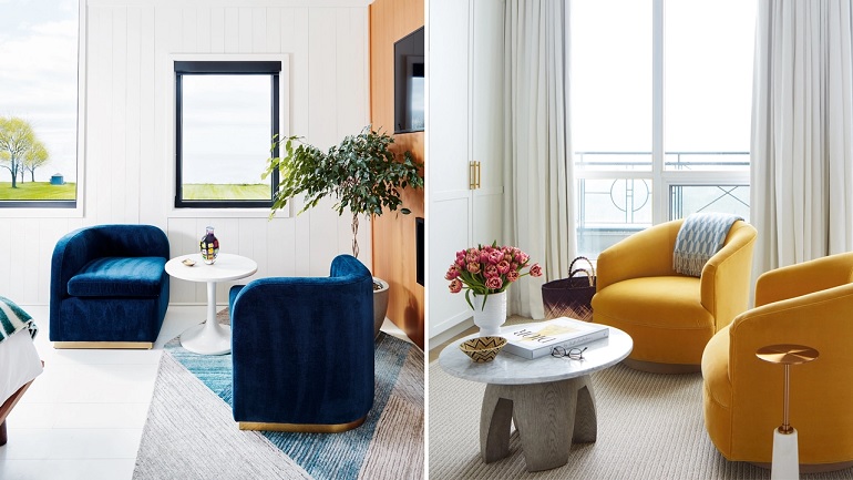 Two images with idea of how to use tub chairs for your living room