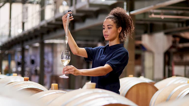 woman testing wine in wine factory